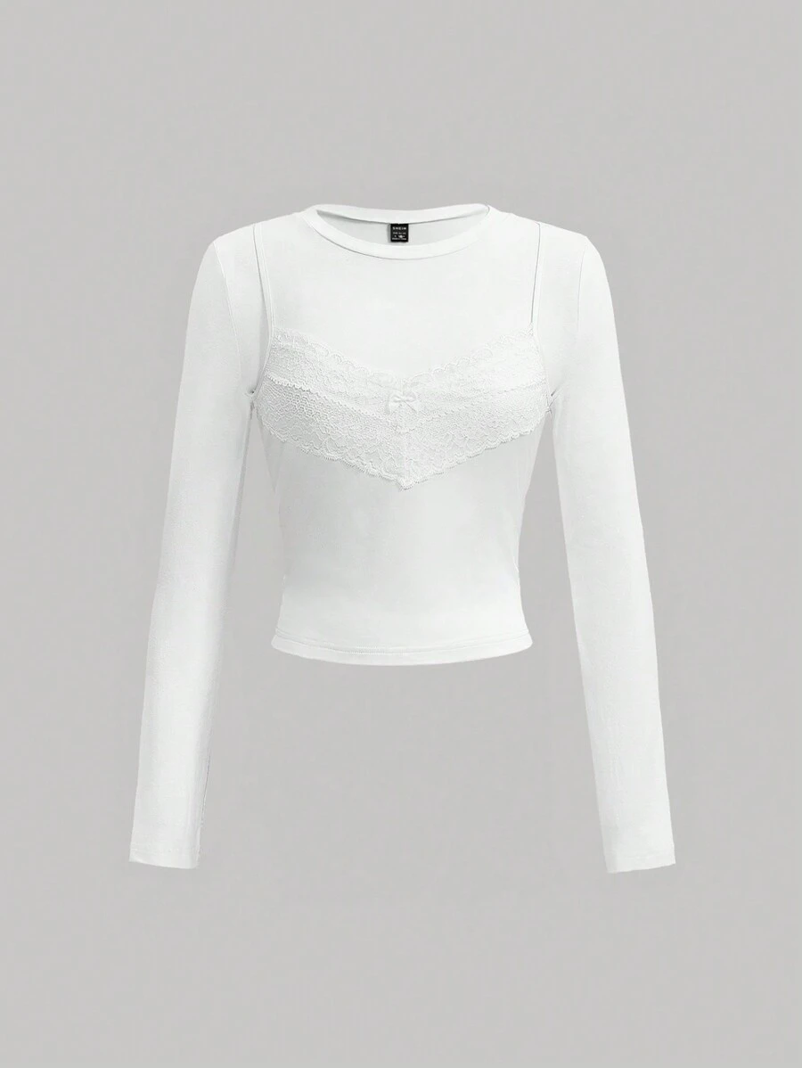 SHEIN MOD 女士花邊拼接長袖t卹 - 白色 - 查看 1