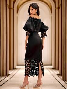 Black Off Shoulder Lantern Sleeve Lace Panel Dress Elegant Cocktail Semi Formal Prom Wedding Guest Dress, For Birthday, Graduation, Dinner, Homecoming - Black - View 3
