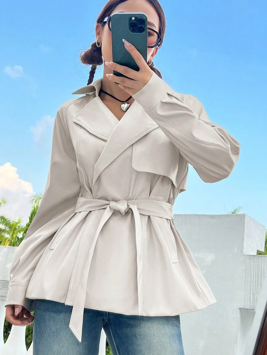 SHEIN Unity Women's Belted Trench Coat With Wide Lapel Collar - Beige - View 1