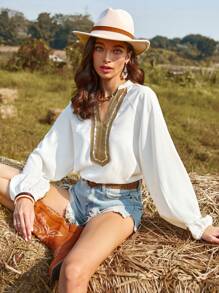 Aveloria Women's Notched Collar Lantern Sleeve Shirt