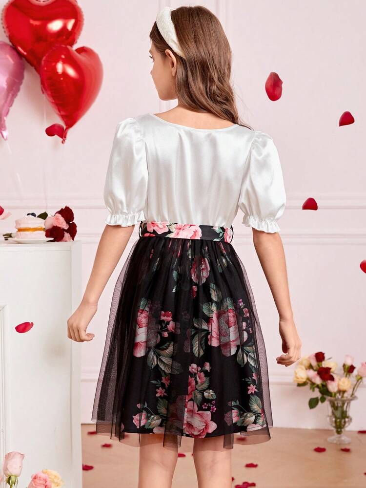 Girls' Square Neck Puff Sleeve Woven & Mesh Layered Flower Pattern Printed Dress With Patchwork