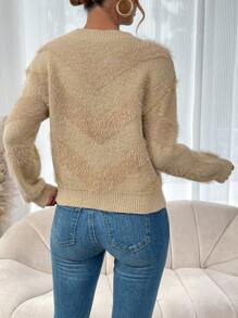 SHEIN LUNE Women's Loose Fuzzy Sweater With Dropped Shoulder Knit Pullover Fall Winter Sweater - Khaki - View 2