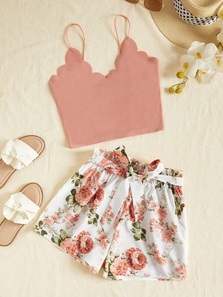SHEIN VCAY Shell Trim Halter Tank Top And Floral Summer Shorts Two-Piece Set