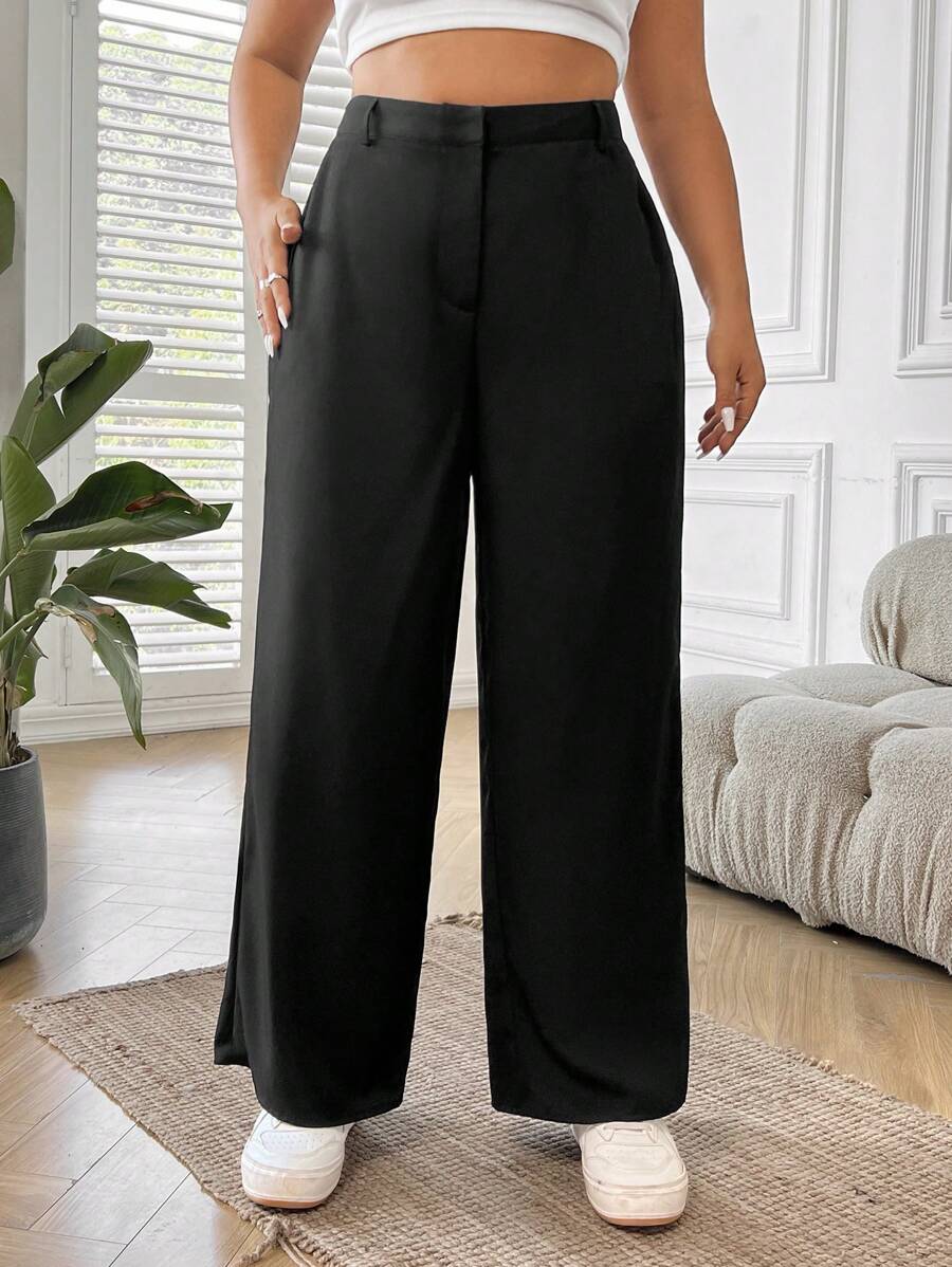 SHEIN EZwear 秋冬女士大码纯色直筒西装裤毕业、返校、教师装 - 黑色 - 查看 1