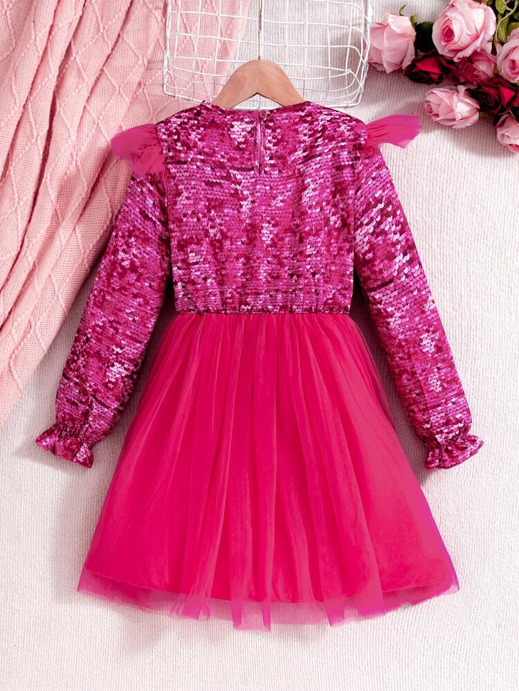 SHEIN 少女款波浪邊饅頭袖亮片拼接網紗蓬蓬裙洋裝 - 粉色 - 查看 2
