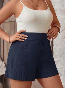 SHEIN VCAY Shorts De Talle Alto De Talla Grande Con Bolsillos Diagonales - Azul Marino - Ver 4