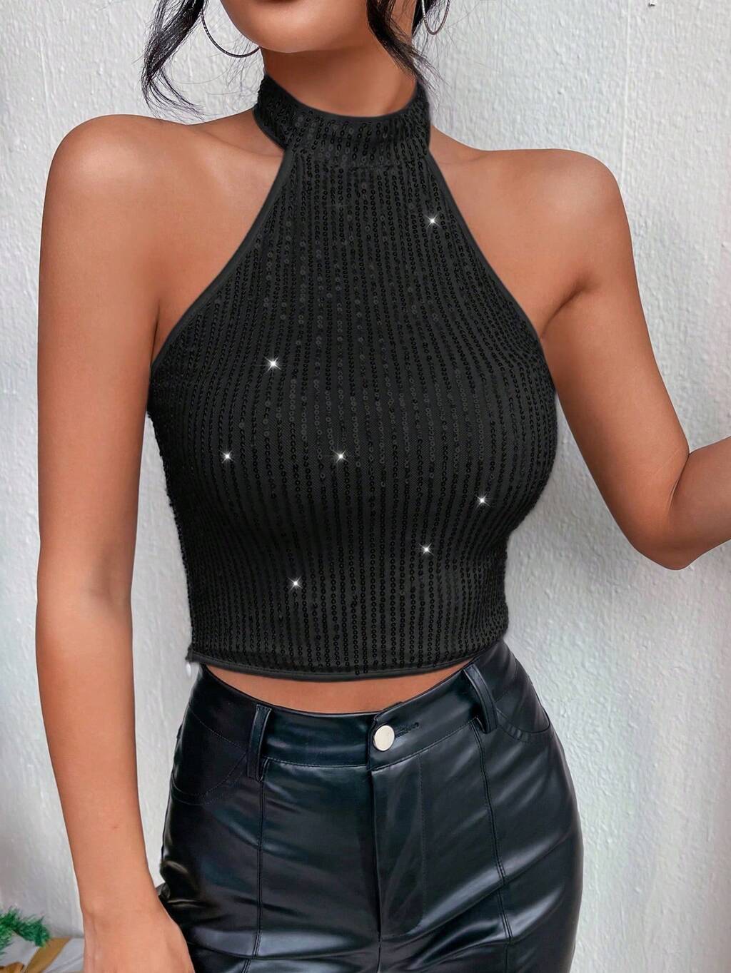 Sleeveless Beaded Halter Top With Cut Out Shoulder