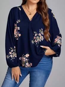 SHEIN LUNE 女士大碼花卉印花v領燈籠袖上衣 - 藏蓝色 - 查看 1