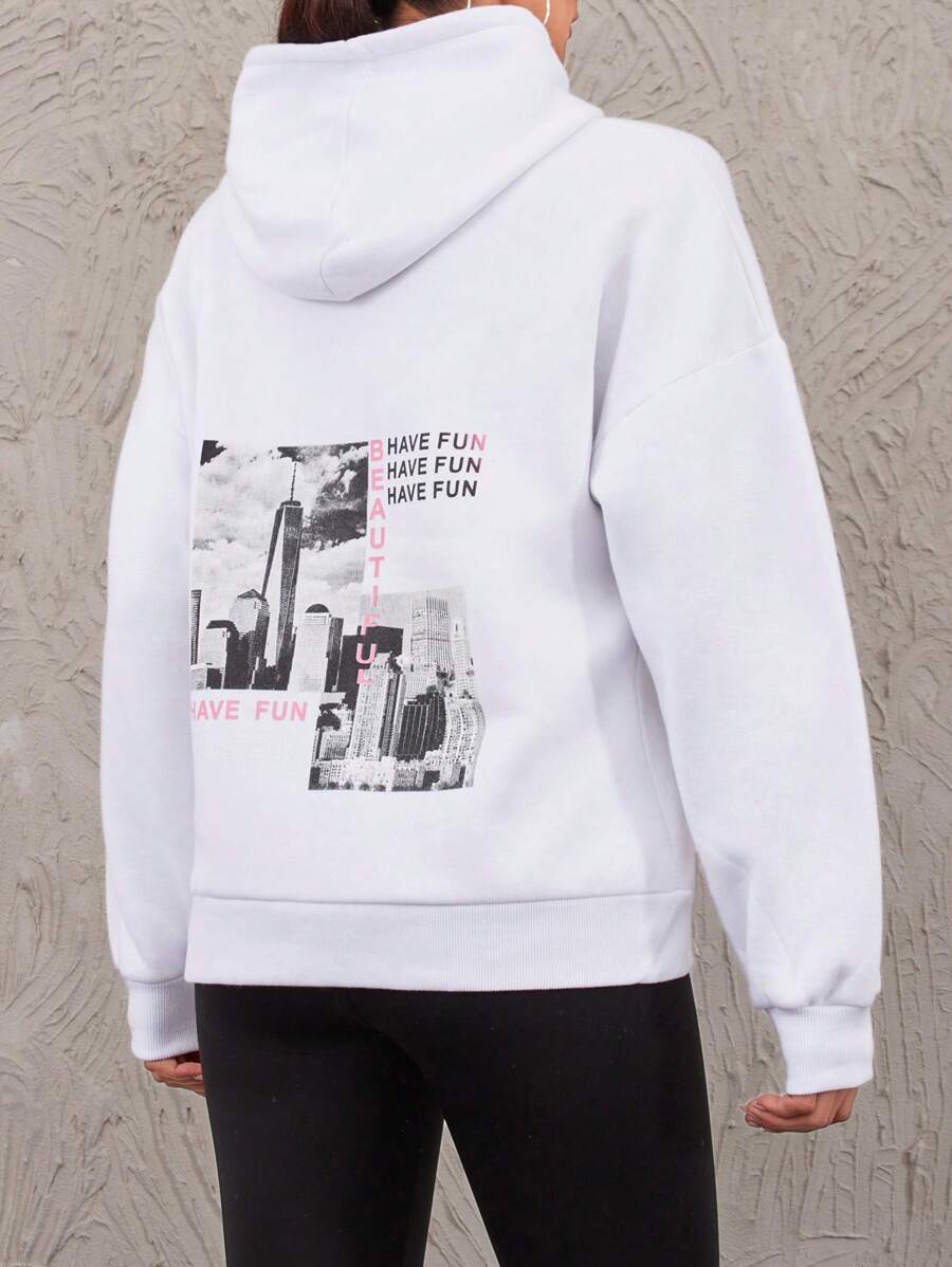 SHEIN PETITE Women'S Hooded Sweatshirt With Letter Print And Drawstring - White - View 1