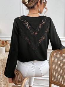 SHEIN Frenchy Comfortable And Skin Friendly Satin Fabric, With A Romantic And Elegant Lace Back Stitching Design, And A Versatile Black Pullover Top