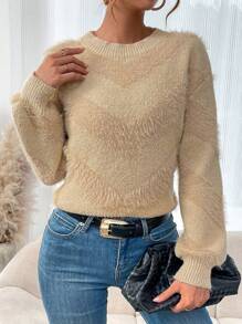 SHEIN LUNE Women's Loose Fuzzy Sweater With Dropped Shoulder Knit Pullover Fall Winter Sweater - Khaki - View 3