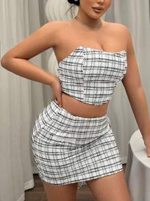 SHEIN SXY Kariertes Damen Top Und Rock Set Ohne Träger