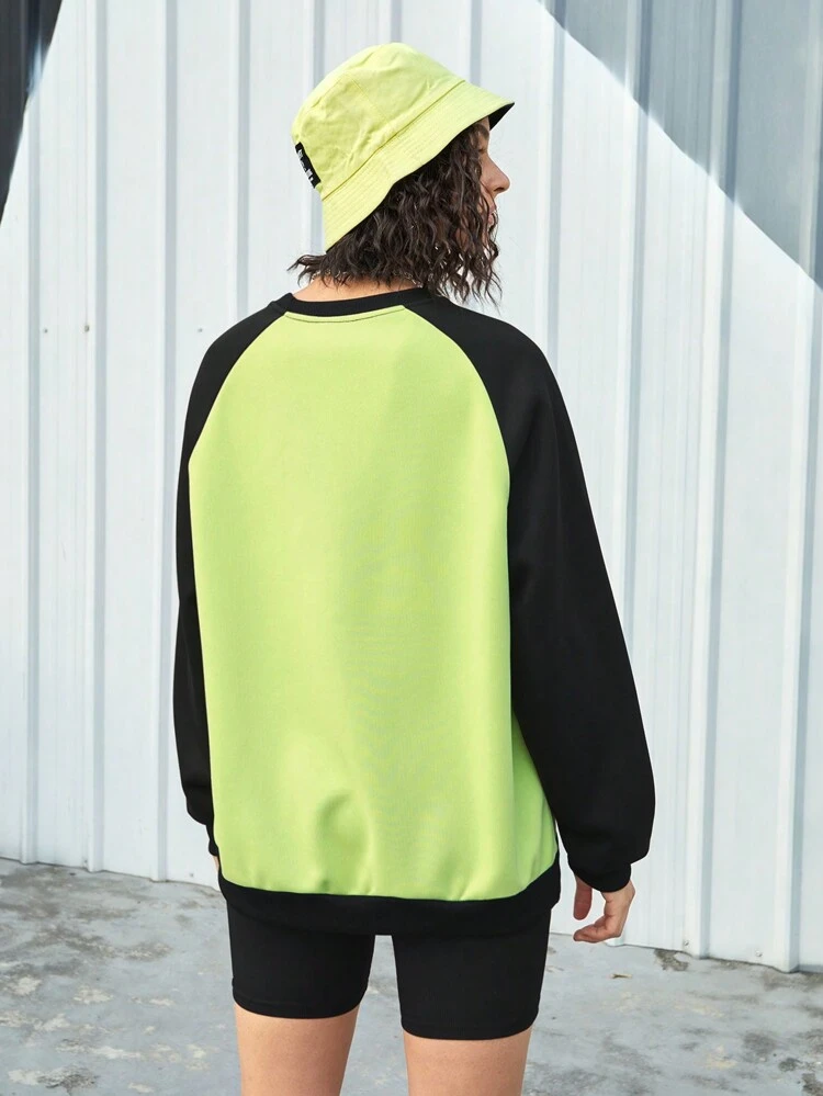 Women'S Letter Printed Color Block Raglan Sleeve Athletic Sweatshirt