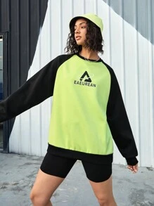 Gameset SHEIN Sport Sudadera Deportiva Para Mujer Con Mangas Raglán, Bloques De Colores Impresos Con Letras - Verde - Ver 3