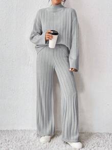 Chiquease Conjunto De Dos Piezas De Suéter De Punto Acanalado Con Cuello Alto De Color Liso Para Mujer Y Pantalones Anchos - Gris - Ver 4