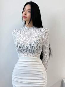 DAZY Camisa de encaje de cuello alto con mangas largas y transparente como prenda de base para mujer - Blanco - Ver 5