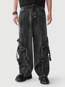 ROMWE MEN Grunge Punk Nam Chân thẳng Denim Quần jean Với túi Đồ trang trí - màu đen - Xem 5