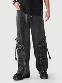 ROMWE MEN Grunge Punk Nam Chân thẳng Denim Quần jean Với túi Đồ trang trí - màu đen - Xem 3