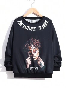 SHEIN Tween Boys' Casual Street Style Cool Character & Slogan Printed Round Neck Loose Fit Sweatshirt - Black - View 1