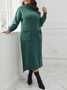 Calvaya 大尺碼女士高領下肩針織裙 - 軍綠色 - 查看 3