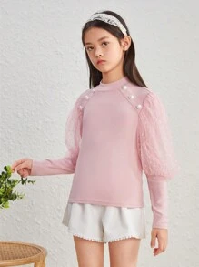 少女休閒立領T卹，透視網眼橙袖子 - 粉色 - 查看 4