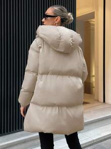 EURMUSE Flap Pocket Zip Up Hooded Puffer Coat - Beige - View 2