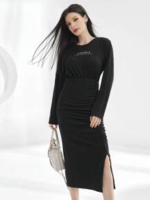 Seusyu Vestido De Mujer Con Ribete De Volante Y Bordado De Slogan - Negro - Ver 4