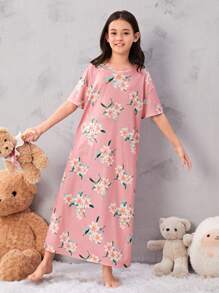 SHEIN Leap Crew Cô gái Lỏng lẻo phù hợp Ngắn tay Áo thun Và Váy ngủ Với Mô hình hoa - Hồng - Xem 1