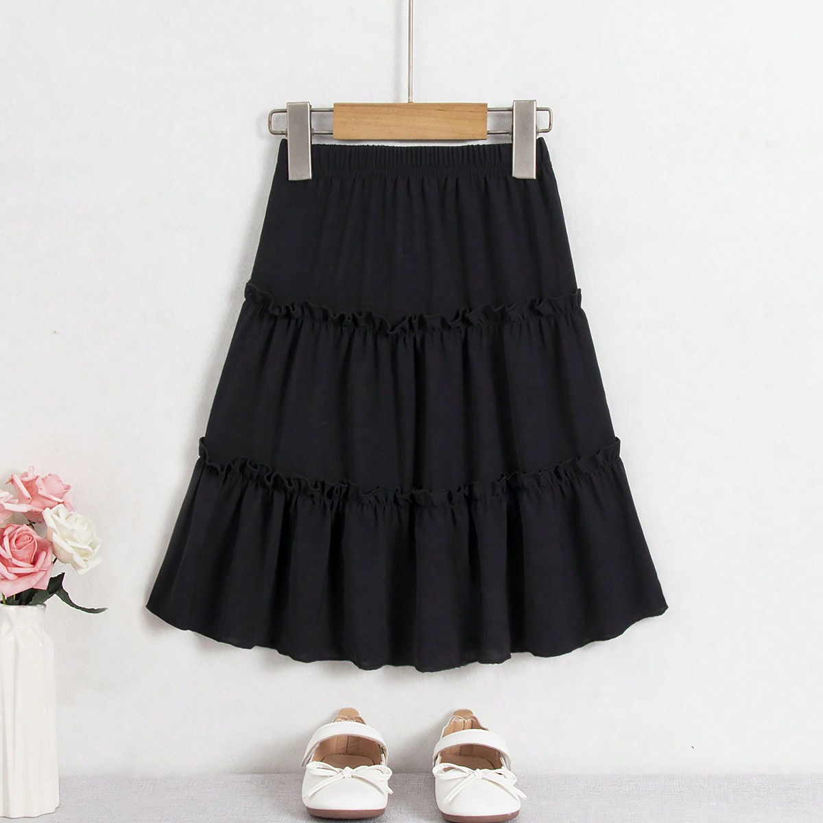 Joven Girl' Falda casual negra de línea A con ribete de volantes de chiffon, adecuada para la primavera, el verano y el otoño, ideal para varias oca