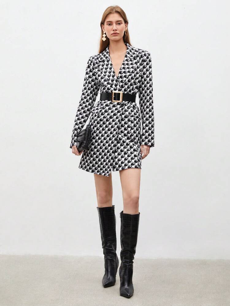 Women'S Houndstooth Check Blazer Style Dress