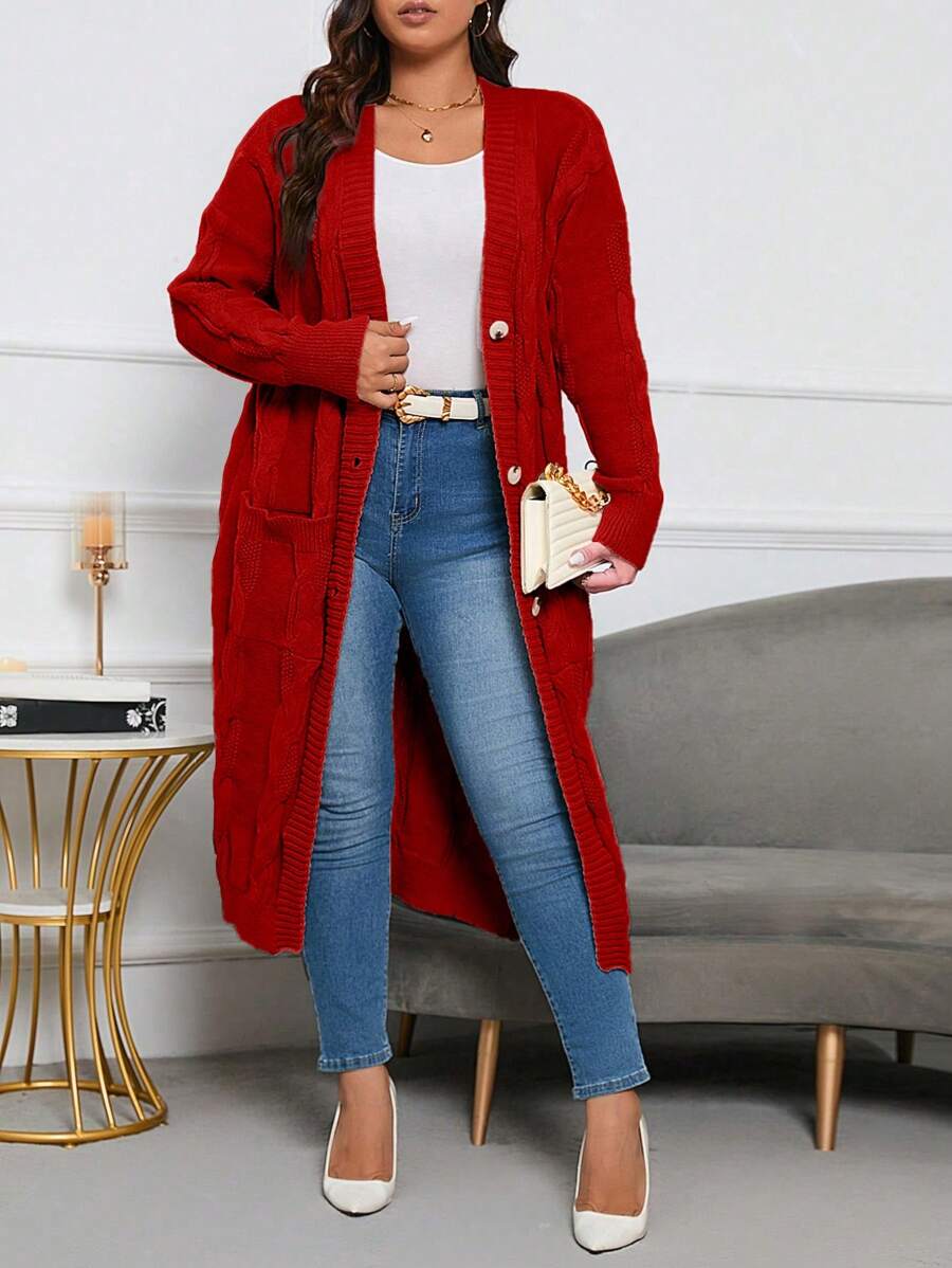 SHEIN LUNE Suéter En Cardigan Largo Para Mujer De Talla Grande Con Cierre De Botones Y Color Sólido - Rojo - Ver 1