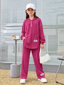 SHEIN 女大童字母貼布落肩袖連帽衫和褲子 - 玫紅色 - 查看 4