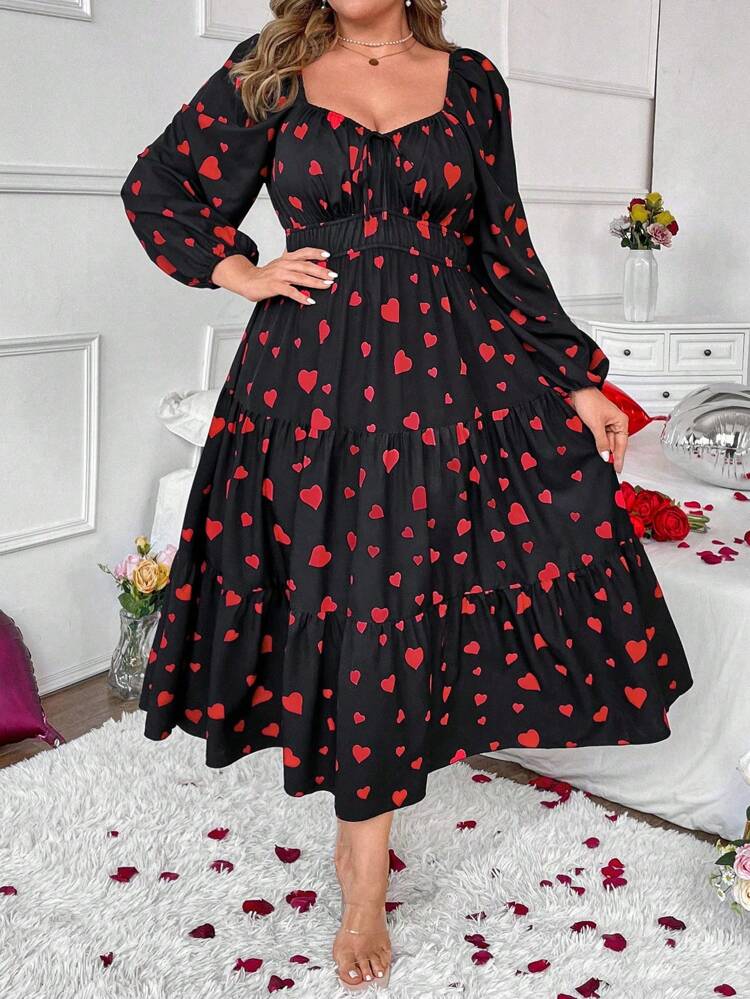 Plus Size Women's Sweetheart Neckline Heart Printed Dress Fall Cloth For Women