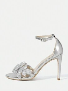 CUCCOO CHICEST 鑽石花裝飾女式高跟鞋涼鞋 - 銀色 - 查看 5