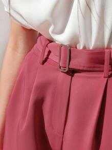 Anewsta Solid Color Belted Shorts - Red - View 7