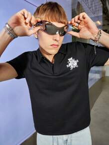 Mainfolk Men's Short Sleeve Polo Shirt With Letter Print - Black - View 6