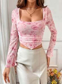 Firerie Camiseta elegante y romántica para mujer, camiseta con cuello cuadrado, estampado floral y dobladillo con volantes - Rosa - Ver 4