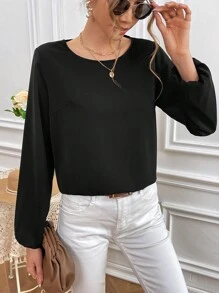 SHEIN Frenchy Comfortable And Skin Friendly Satin Fabric, With A Romantic And Elegant Lace Back Stitching Design, And A Versatile Black Pullover Top