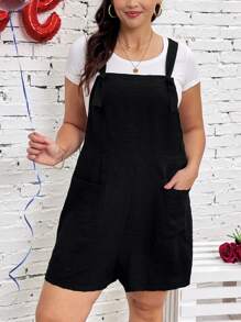 SHEIN LUNE Plus Size 1pc Black Casual Bib Overall Shorts With Front Pocket - Black - View 3