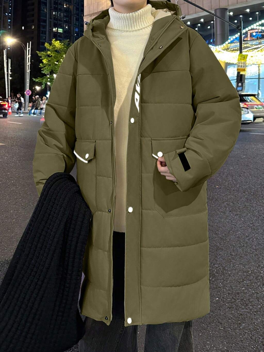 Men's Letter Printed Hooded Loose Fit Mid-Length Quilted Coat