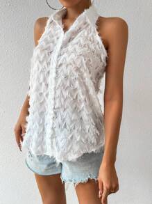 SHEIN Unity Women'S Solid Color Frayed Edge Sleeveless Shirt - White - View 7