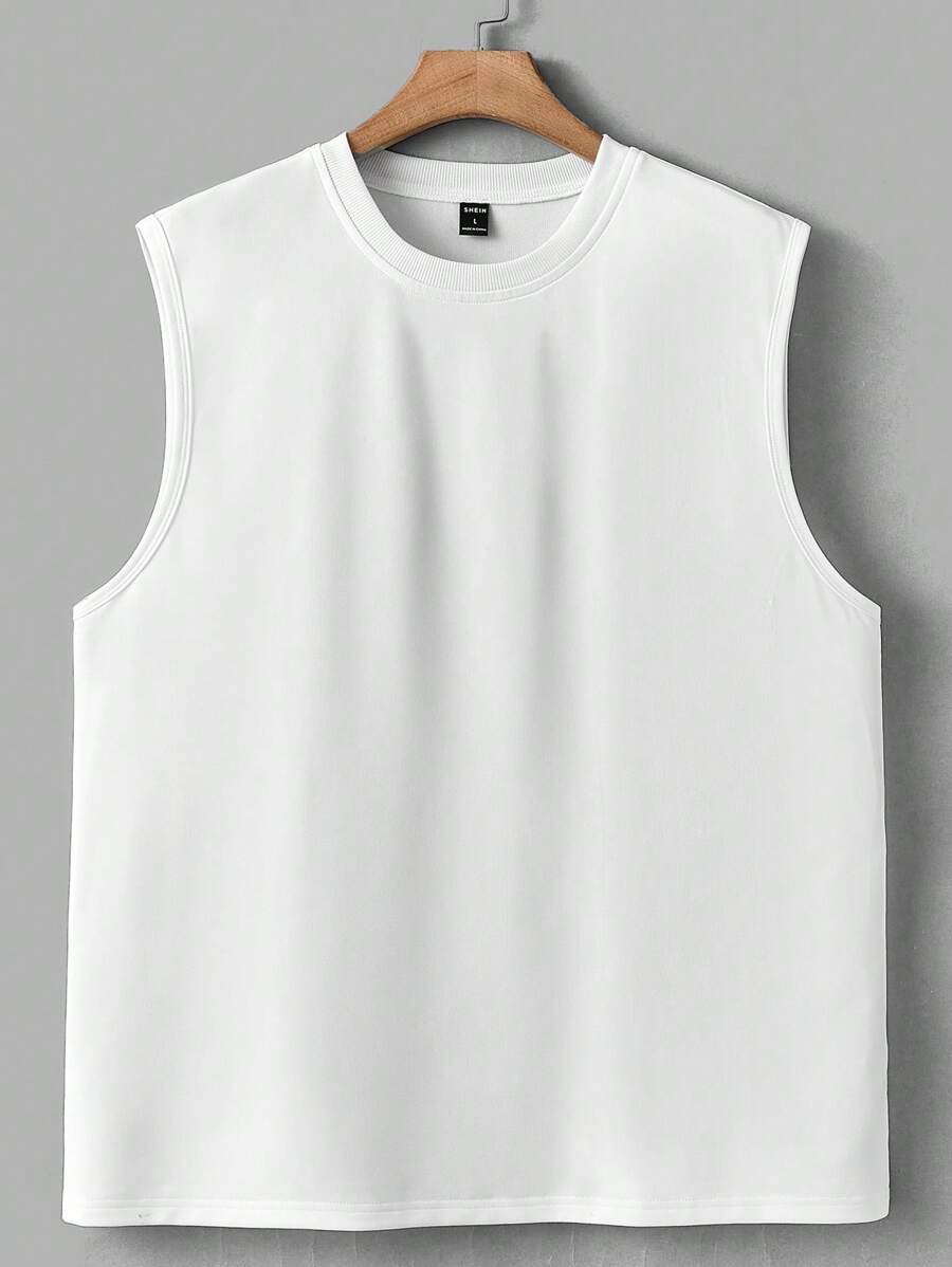 Manfinity Homme 男士純色圓領背心，無袖純白色時尚襯衫套裝 - 白色 - 查看 1