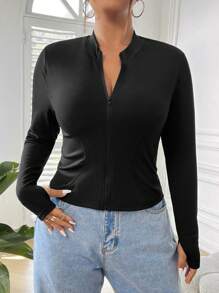 SHEIN EZwear Plus Size Solid Color Slim Fit T-Shirt With Front Zipper And Thumb Hole - Black - View 1