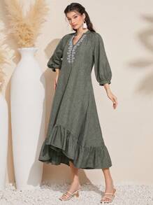 Al Najma Women'S Embroidered Placket Ruffle Hem Lantern Sleeve Dress
