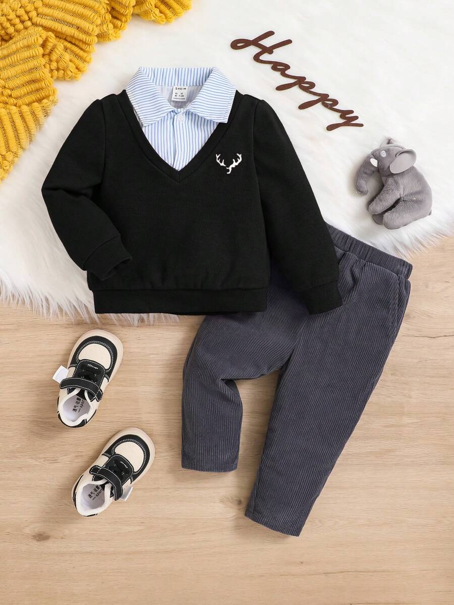 SHEIN 男寶寶色塊2合1襯衫,對比色領口和純色褲子套裝 - 黑色 - 查看 1