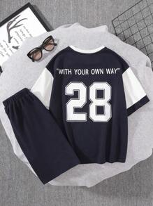 Tween Boys Casual Street Fashion Digital Printed Pattern Color-Blocked Sleeves Round Neck Pullover Loose T-Shirt Shorts Knitted Two-Piece Set - Multicolor - View 1