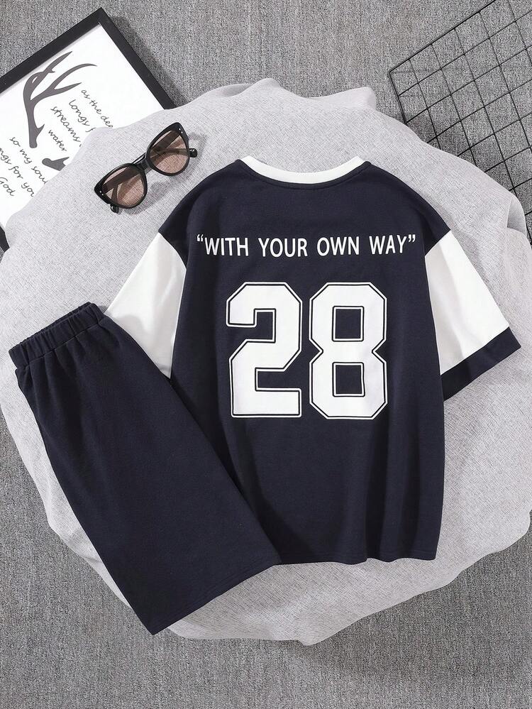 Tween Boys Casual Street Fashion Digital Printed Pattern Color-Blocked Sleeves Round Neck Pullover Loose T-Shirt Shorts Knitted Two-Piece Set