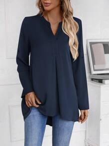 EMERY ROSE Women's Asymmetrical Hem Long Sleeve Shirt - Navy Blue - View 4