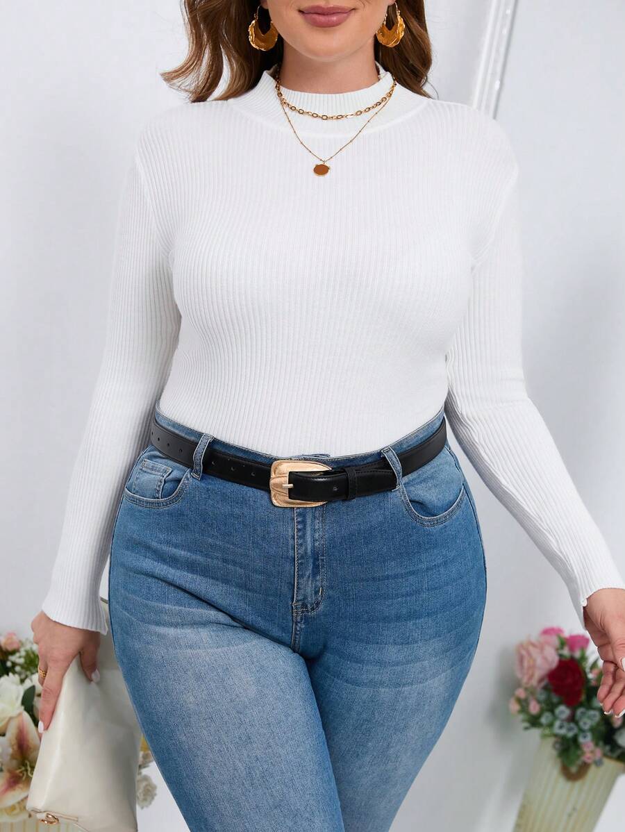 SHEIN EZwear Kích thước lớn Chất rắn Có màu sắc Đứng cổ áo Áo len - trắng - Xem 1