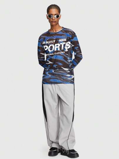 Prep Camiseta De Manga Larga Para Hombre, Impresión De Letras Con Teñido Anudado